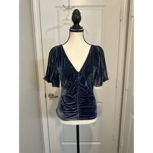 Free People Cupcake Velvet Top Blue Ruched Puff‎ Sleeve V Neck Size S Holiday